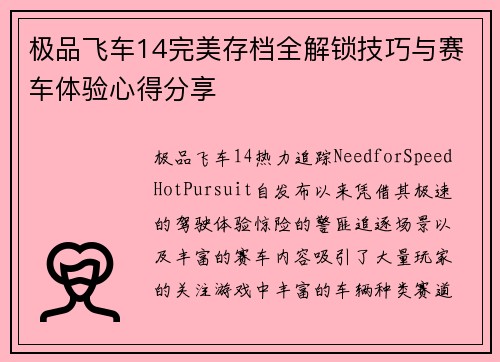 极品飞车14完美存档全解锁技巧与赛车体验心得分享